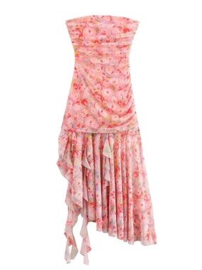 Zara Strapless Pink Floral Asymmetric Ruffle Midi Dress Size M Stretch Summer